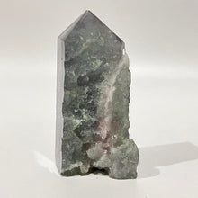Load image into Gallery viewer, Rainbow Purple Green Fluorite Half Polished Crystal Tower Point Generator