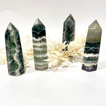 Load image into Gallery viewer, Snowflake fluorite Crystal Tower Point Generator