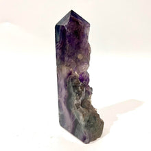 Load image into Gallery viewer, Rainbow Purple Green Fluorite Half Polished Crystal Tower Point Generator