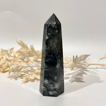 Load image into Gallery viewer, Moss Agate Crystal Tower Point Generator