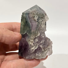 Load image into Gallery viewer, Rainbow Purple Green Fluorite Half Polished Crystal Tower Point Generator