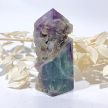 Load image into Gallery viewer, Rainbow Purple Green Fluorite Half Polished Crystal Tower Point Generator