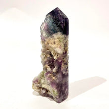 Load image into Gallery viewer, Rainbow Purple Green Fluorite Half Polished Crystal Tower Point Generator