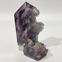 Load image into Gallery viewer, Rainbow Purple Green Fluorite Half Polished Crystal Tower Point Generator