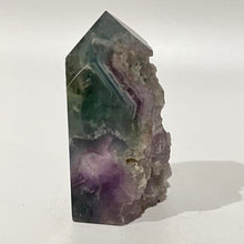 Load image into Gallery viewer, Rainbow Purple Green Fluorite Half Polished Crystal Tower Point Generator