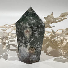 Load image into Gallery viewer, Moss Agate Crystal Tower Point Generator