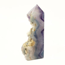 Load image into Gallery viewer, Rainbow Purple Green Fluorite Half Polished Crystal Tower Point Generator