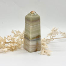 Load image into Gallery viewer, Pink / Green Banded Green Onyx Crystal Tower Point Generator