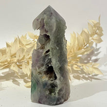 Load image into Gallery viewer, Rainbow Purple Green Fluorite Half Polished Crystal Tower Point Generator