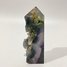 Load image into Gallery viewer, Rainbow Purple Green Fluorite Half Polished Crystal Tower Point Generator