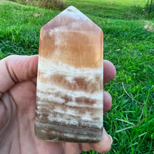 Load image into Gallery viewer, Honey Calcite Crystal Tower Point Obelisk Generator