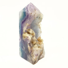 Load image into Gallery viewer, Rainbow Purple Green Fluorite Half Polished Crystal Tower Point Generator