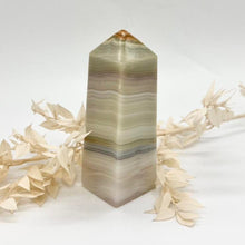 Load image into Gallery viewer, Pink / Green Banded Green Onyx Crystal Tower Point Generator
