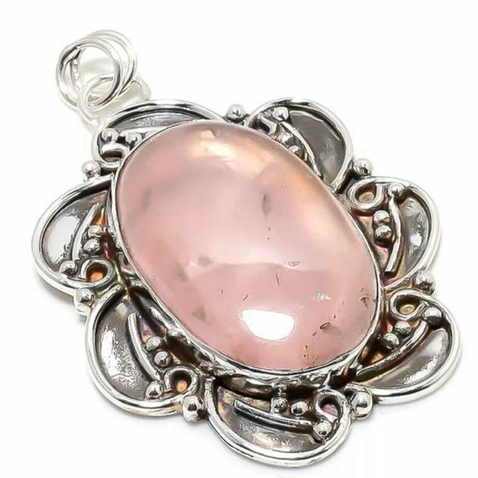 Vintage Look Rose Quartz  Gemstone 925 Sterling Silver Jewellery Pendant Gift for Her