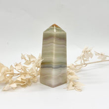 Load image into Gallery viewer, Pink / Green Banded Green Onyx Crystal Tower Point Generator
