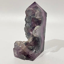Load image into Gallery viewer, Rainbow Purple Green Fluorite Half Polished Crystal Tower Point Generator
