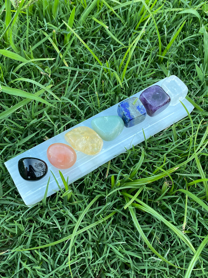 Chakra Crystal Gift Set with Selenite Block Tumbled Tumble Tumbles Stone